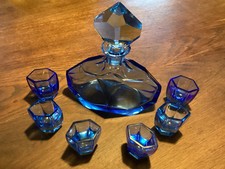 Orig. Art Déco Likör Service, Glaskaraffe und 6 Gläser, blaues Kristallglas