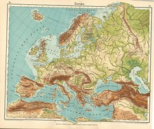 1908 MAP ~ EUROPE ~ PHYSICAL ~