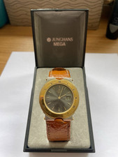 Junghans MEGA Herren-Funk-Armbanduhr,Lederarmband Gold/Stahl