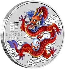 1 OZ Silber Lunar 3 Drache 2024 mit Farbapplikation Rot Red Dragon color