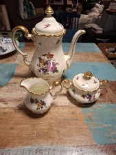 Weimar Porzellan Kaffeekanne Milchkännchen Zuckerdose Blumen Gold