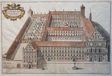 Matthäus Merian d.Ä.: München, Jesuitenkolleg (Kolorierter Kupferstich, 1644)