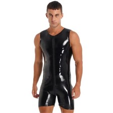 Herren Latex-Optik Jumpsuit Catsuit Overall Glänzend Radler Hotpants Vinyl  