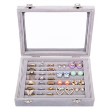 Jewelry Organizer Ring Aufbewahrung Schmuckkasten Grau, Samt Box mit Glas Deckel