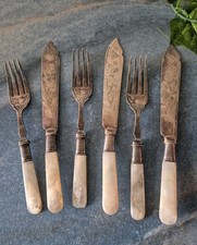 Englisches Fischbesteck 925er Sterling London, Versilbert u. Perlmutt 3 Personen