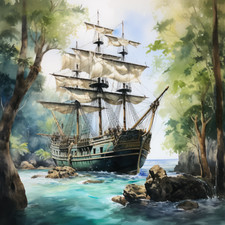 Deko Bild Maritim Piratenschiff Segelschiff in einer Bucht Wandbild Dekofliese