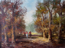 Ölgemälde Öl auf Leinwand Englische Reiter Wald Pferde signiert 60 x 80 cm