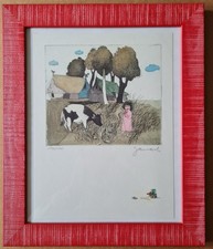 JANOSCH Originalgrafik handsigniert Nr. 1752/3000 Frau mit Fidel, Rahmen