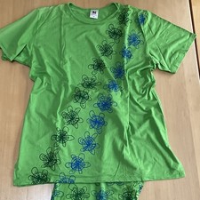 NANSO Schlafanzug Blumen grün kurzärmelig weite 7/8 Hose Pyjama Damen Gr.M