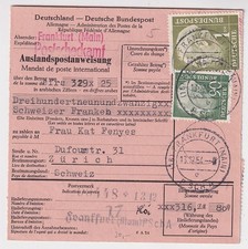 Bund, Heuss, Postanweisung Frankfurt - Zürich