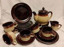 Keramik Kaffeeservice Kaffee - Braun Beige Blockstreifen - 70er Kult Frühstück