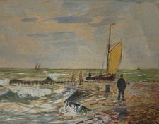 Aquarell Fischer am Meer Küste Strand Ellen signiert 20. Jahrhundert