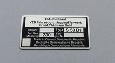 Typenschild Simson S50 B1 Plakette 230kg IFA VEB, blanko