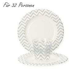 64-tlg. Set Einweggeschirr Zickzack-Motiv silber 32 Personen RESTPOSTEN A-608.1