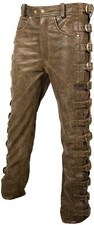 Herren Lederhose Bikerjeans 5 Pocket Jeans Lederjeans Schnallen Vintage Braun