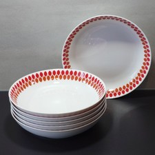 6x Porzellan Suppeschalen von Melitta; Serie “Rom 2802“ mit orange-rotem Muster