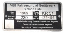 Typenschild Simson Suhl VEB