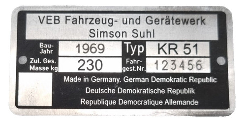 Typenschild simson suhl veb - typenschild,