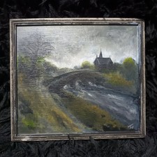 Nocturne Landschaft Herbstliche Kirche Impressionist Ölgemälde auf Tafel signiert