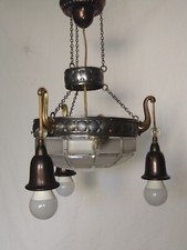 alte Lampe Deckenlampe, Messing + Eisen,  3 Arme mit Fassungen,  um 1910