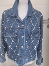 JEANSJACKE, STRASS UND PERLEN, OVERSIZE S +M