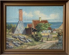 Ölbild Impressionist ES Monogramm Fischerhäuser am Meer 57 x 72,2 cm