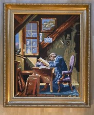 Gobelin Stick Wandbild Spitzweg Ein Besuch Handarbeit 61x52 goldgerahmt