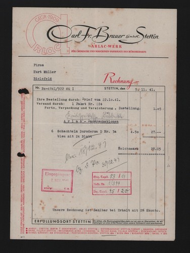 Stettin rechnung 1941 carl - stettin,,