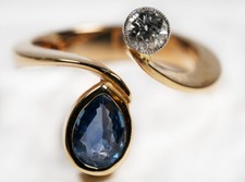 Designring 1,65ct. Diamant Ceylon Saphir Tropfen 585 Gold Ring RG 51