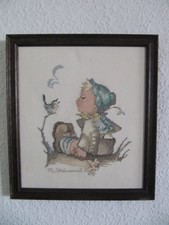 Bild, Hummel Motiv, Junge mit Vogel,  Kreuzstich, Handarbeit, Echtholzrahmen
