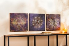 Triptychon Primavera mit Wanduhr 3 kunstvolle Motive auf Öko-Canvas je 35x35 cm