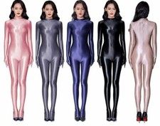 Damen Nass Glanz Zentai Ganzanzug Catsuit Overall Turtleneck Bodysuit Mit Gloves