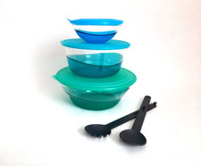 Tupperware -ELEGANZIA- 3 Salatschüsseln 3,2/ 2,3 /0,6L mit Deckel plus Besteck