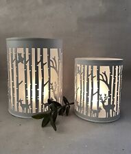 2 weiße Metall Windlichter Mit Glaseinsatz Wald Rehe Kerzenhalter Deko 