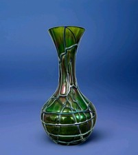 L0632 Jugendstil Glas Vase, Pallme, König um 1900, Fadenaufschmelzungen, H=20cm