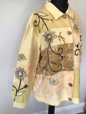 INDIGO MOND GELB BIENEN BLUMEN SCHMETTERLING BESTICKT JACKE GR. L (18/20) SEHR GUTER ZUSTAND