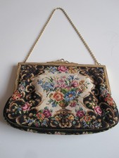 PETIT POINT STICKEREI GOBELIN HANDTASCHE feine Stiche Blumen in Amphore ERBSTÜCK