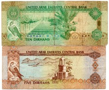 2 Banknoten  Vereinigte Arabische Emirate   10 & 5 Dirhams gebraucht