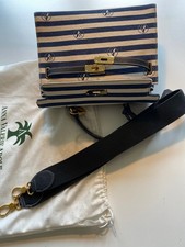 Anna Valerie Adolf Tasche, Kelly Style, Stoff und Leder blau Vintage