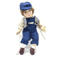 Topline Austria handgemachte Porzellanpuppe Junge mit blauer Latzhose 35cm Samml