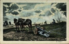 Künstler Ak Landwirtschaft, Pferde, Pflug, Bauer - 4579302
