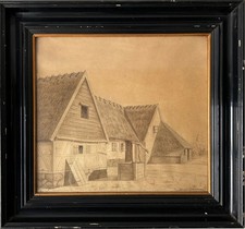 Aquarell Alter Bauernhof im Bilderrahmen Schwarz Antik signiert Dänemark um 1900