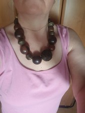 Halskette Collier Modeschmuck mit großen Holz- und Metallkugeln, schwer