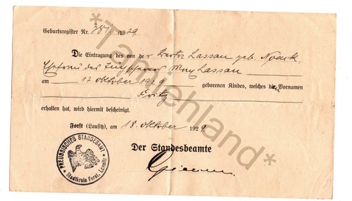 Geburtsbescheinigung aus forst - aus,