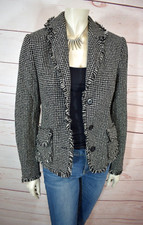 ? LUISA CERANO ? moderne Blazer Jacke Wolle Tweed 36 schwarz weiß Fransen ?