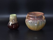 Zwei Jugendstil Keramik Vasen Henkelvase Lauflasur Bürgel (?)