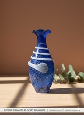 Craquelé Glas Vase 21 cm – Klarglas mit Blau, dekorativ, Vintage Stil