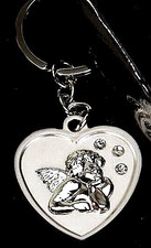 Schutzengel auf Herz mit 3 Strasssteinchen , Schlüsselanhänger -NEU-