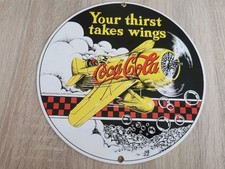 COCA COLA BLECHSCHILD, RUND, FLUGZEUG, gelb