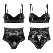 DE ranrann Damen Wetlook BH und Slip Set Lack Leder High Waist Hotpants Clubwear